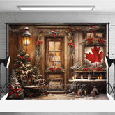 Aperturee - Aperturee Rustic Canadian Christmas Photography Backdrop Wood Cabin with Maple Leaf Flag Snowy Winter Holiday Photo Prop